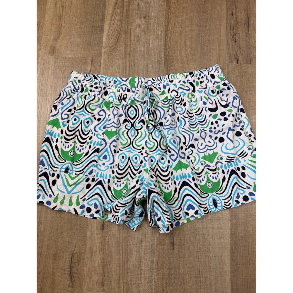Calligraphie Womens Blue Green Abstract Linen Blend Pull On Shorts Large